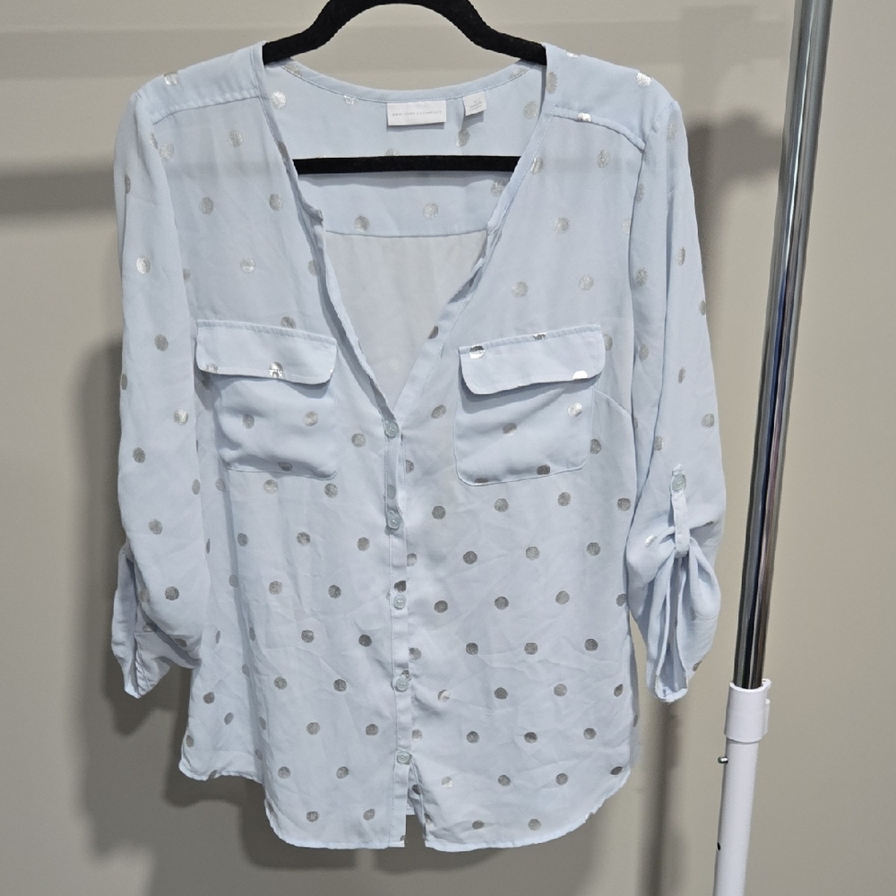 Vntg Sz M New York & Company Button Up Polka Dot Semi Sheer Blouse For Women